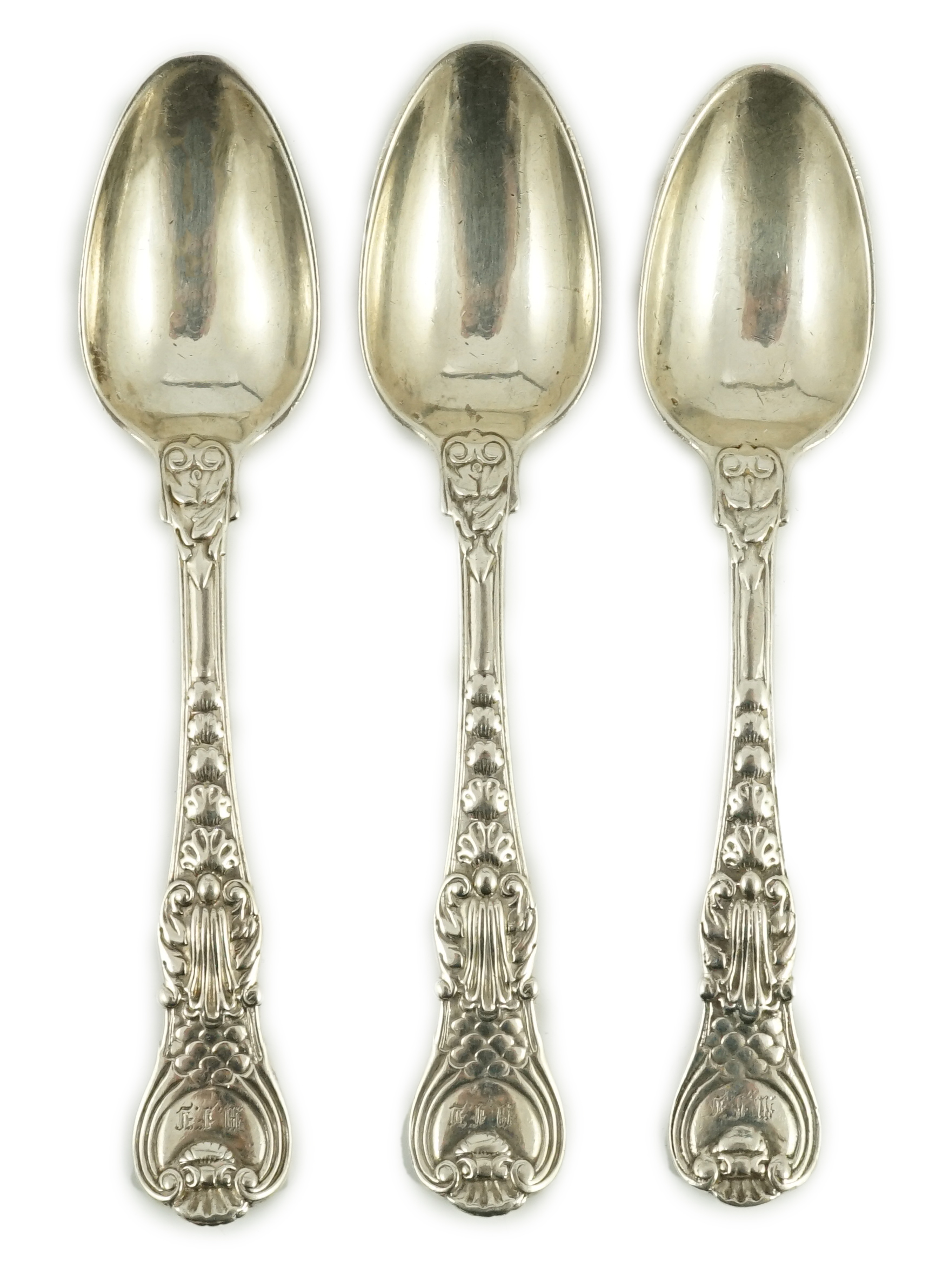 A set of three late George III Paul Storr silver Coburg pattern teaspoons